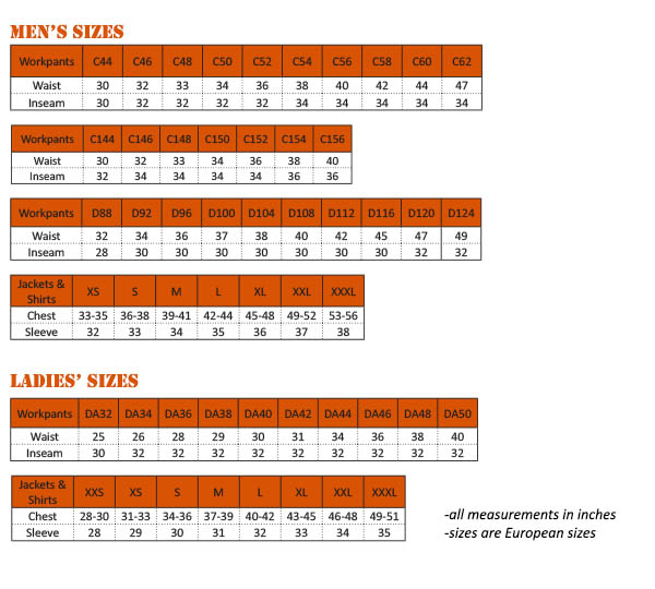 JobWear Solutions Workwear Size Chart - detailed measurements for pants, shirts, and jackets